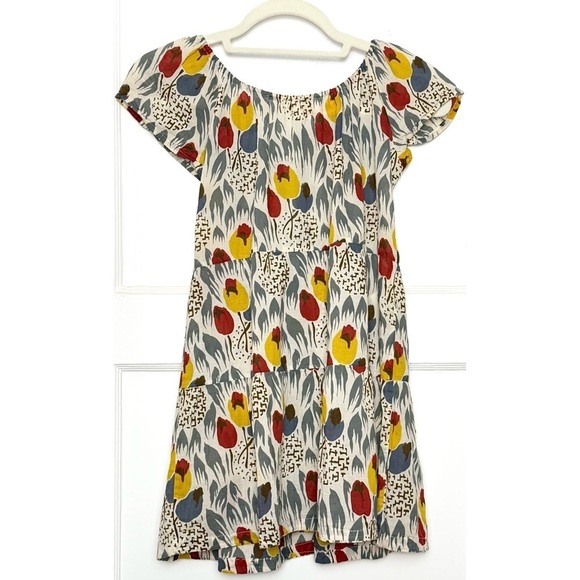 MARNI Tulip Print‎ Cutout Ruched Tie Neck Cap Sleeve Tier Ruffle Babydoll Top S - Picture 2 of 4